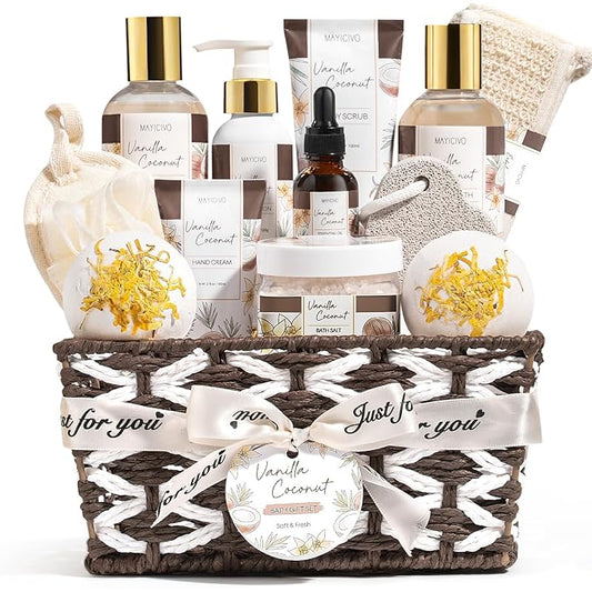 Christmas Birthday Gifts for Women, Vanilla Coconut Relaxing Spa Gift Baskets for Women Self Care Package Bath Gift Set, Home Bath and Body Kit Pampering Gifts for Womens Mom Her Friends Sister Wife MAYICIVO