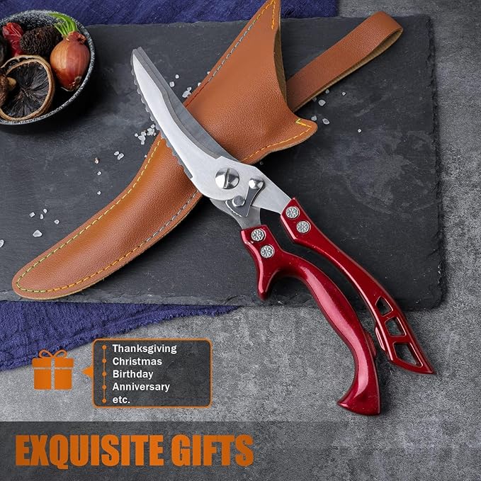 Poultry Shears, Red Heavy Duty Kitchen Shears with Serrated Edge, No Rust Spring Loaded, Multipurpose Stainless Steel Kitchen Scissors for Chicken Meat, Turkey, Fish, Christmas Gifts for Men Women DreamReach