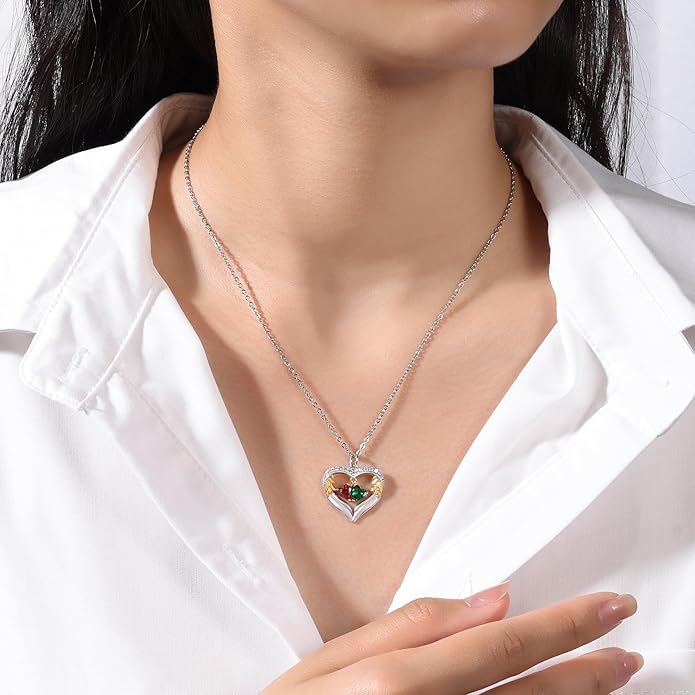 GLAMCARAT Personalized sterling silver pendant necklace with birthstone and name mothers jewelry heart shaped necklace for her birthstone necklace GLAMCARAT