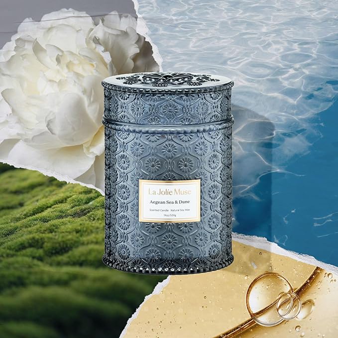 LA JOLIE MUSE Aegean Sea & Dune Candle –Cool Water, White Florals & Warm Amber | 19 oz Large Wooden Wick Candle | Natural Soy Wax | 90 Hours Clean Burn | Gift-Ready for Hosts & Gatherings LaJol%C3%ADeMuse