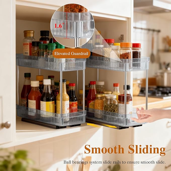 3 Pack Pull Out Spice Rack Organizer for Cabinet, 2 Tier Slide Out Spice Racks Organizer, Spice Cabinet Organizers, Cabinet Size Need:12'' High x 11'' Deep x 5'' Wide, Clear Acrylic DABIGE