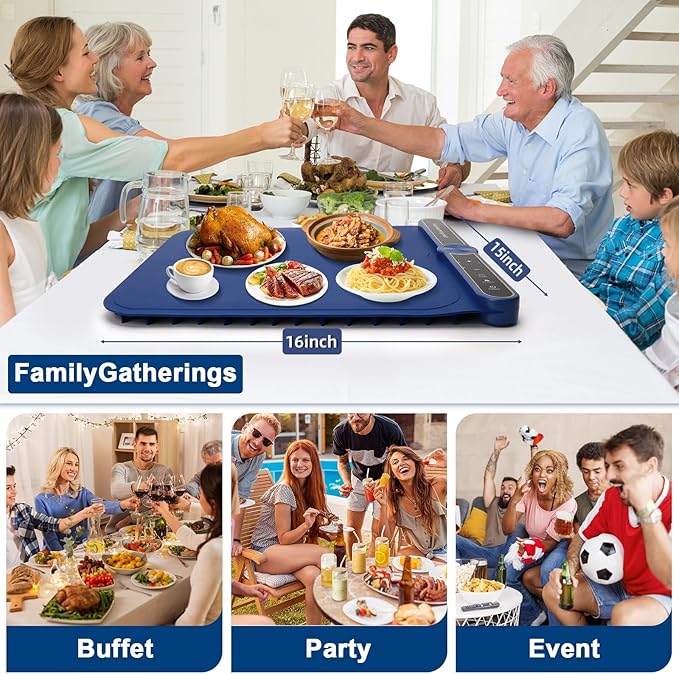 Warming Mat for Food -Food Warmers for Parties Buffet, Electric Warming Tray Full Surface Even Heating with 9-Level Temp Adjustable & 6H Auto Timer, Roll-Up Silicone Heating Pad for Home Travel (Blue) Sweetone