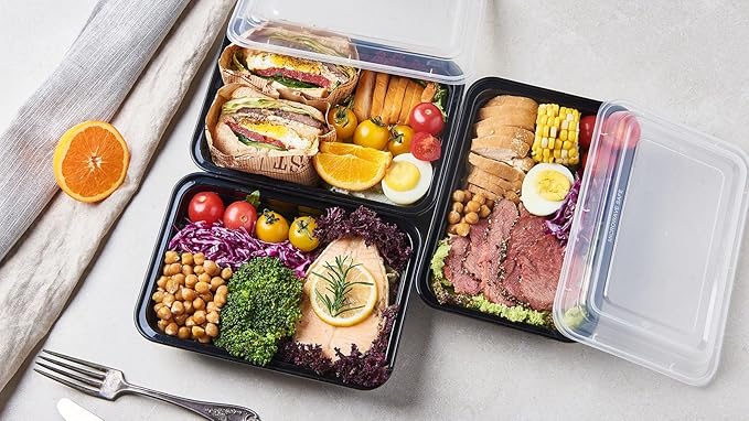 FULING 150 Pack Meal Prep Plastic Food Storage Containers With Lids 28 oz 1 Compartment Black Rectangular Reusable To Go Lunch Prepping Boxes BPA-Free Microwavable Freezer Dishwasher Safe Stackable FULING