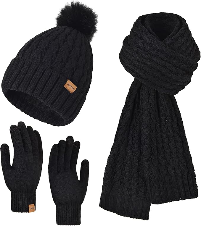 Womens Winter Warm Beanie Hat Long Neck Scarf and Touchscreen Gloves Set with Fleece Lined Pom Skull Caps for Women Harcent