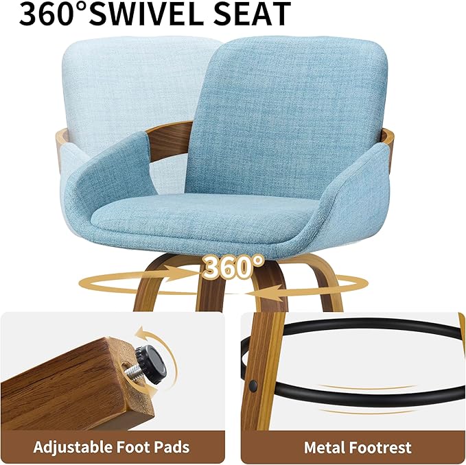 Bar Stool Set of 2, Fabric Counter High Stools with Back and Armrest 360° Swivel Walnut Bar Chair for Kitchen Island Home Dining - Blue VipDesk