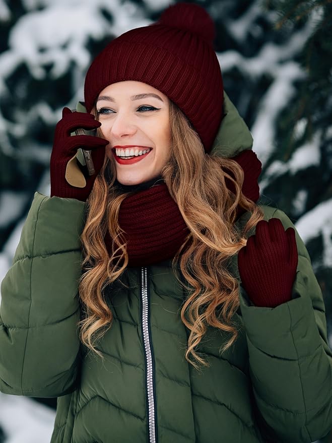 LOROME Women Winter Beanie Hat Scarf Gloves Set, Fleece Knitted Pompom Hat Warm Neck Scarf Touchscreen Gloves Winter Gift LOROME