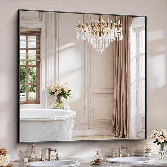 YIROMAN Bathroom Mirror for Wall 48"x48", Large Matte Black Bathroom Mirror with Metal Frame, Square Vanity Mirror with Right Angles, Wall Mirror Hangs Horizontal or Vertical, Shatterproof Kick Boosters