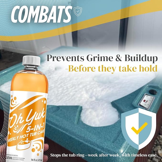 Oh Yuk 5-in-1 Weekly Hot Tub Care – All-in-One Spa Cleaner, Clarifier, Conditioner – Helps Control pH Balance & Combats Buildup – Hot Tub Chemicals for All Types Including Inflatable & Portable –16oz OhYuk