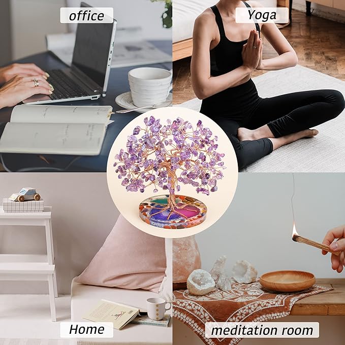 ZenBless 7 Chakra Healing Crystal Stones Tree, Amethyst Leaf Wire Wrapped on Natural Agate Slice Base, Home Office Desk Living Room Feng Shui Decoration for Wealth and Luck ZenBless