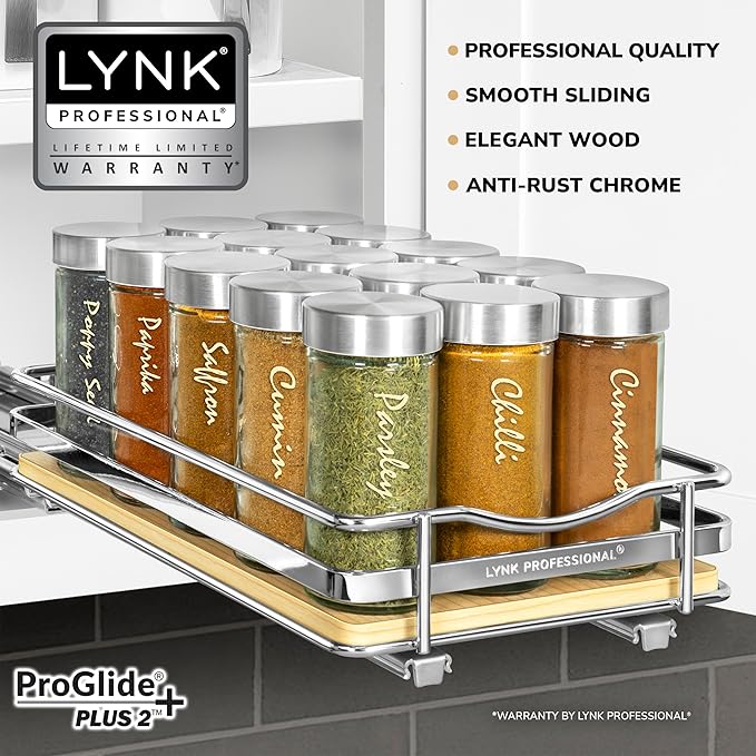 LYNK PROFESSIONAL® Élite™ Pull Out Spice Rack Organizer for Inside Kitchen Cabinets - 6-3/8 inch Wide - Slide Out Drawer – Wood/Chrome Sliding Spice Cabinet Organization Shelf Racks - 1 Tier LYNKPROFESSIONAL