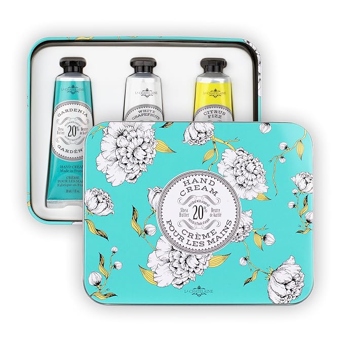 La Chatelaine Hand Cream Trio Tin Gift Set, Natural Hand Lotion, Made in France with 20% Organic Shea Butter, Moisturizing (Gardenia, White Grapefruit, Citrus Fizz) 3 x 1 fl. LaChatelaine