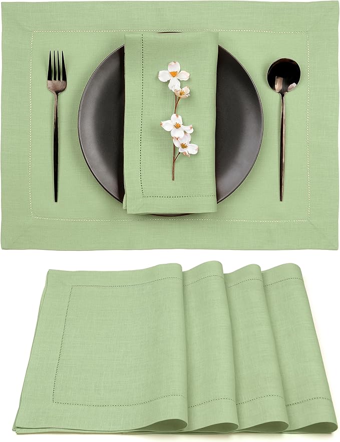 D'Moksha Homes Sage Green Linen Cloth Placemats Set of 4-100% Pure Linen Hemstitch Placemats 14 x 19 Inch - Classic Hemstitch Table Place Mats for Christmas - Handcrafted and Machine Washable DMokshaHomes