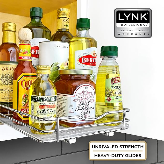 LYNK PROFESSIONAL® Pull Out Spice Rack Organizer for Inside Kitchen Cabinets - 8-3/8 inch Wide - Slide Out Drawer – Chrome Sliding Spice Cabinet Organization Shelf Racks - 1 Tier LYNKPROFESSIONAL