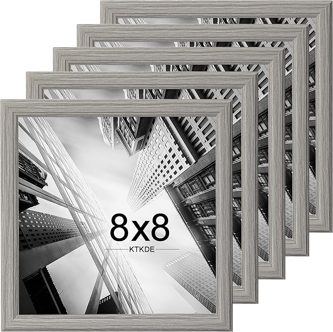 KTKDE 8x8 Picture Frame Set of 5, Grey Wooded, Wall Hanging for Tapletop Display, Best Square Photo Frame Studio Gallery for Photos, Posters & Art Prints KTKDE