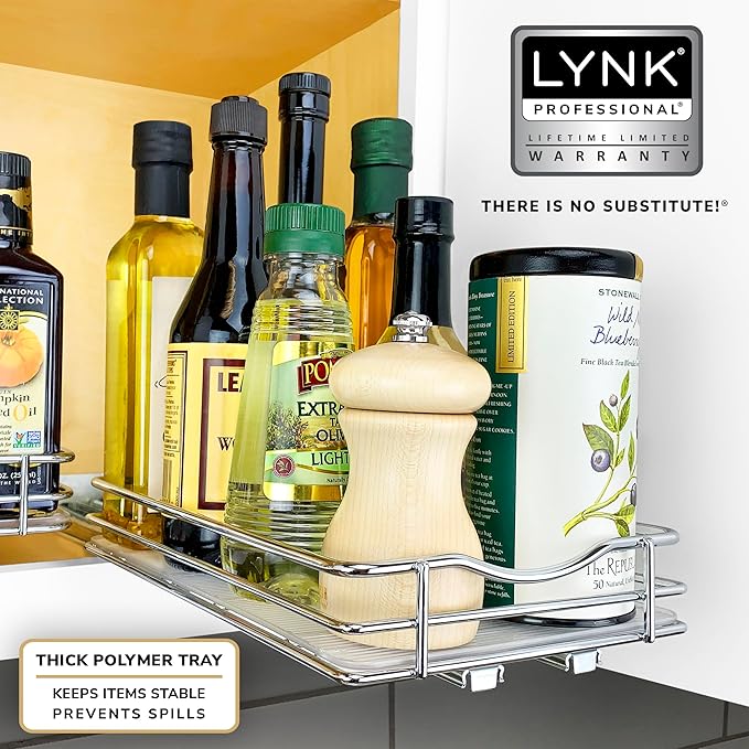 LYNK PROFESSIONAL® Pull Out Spice Rack Organizer for Inside Kitchen Cabinets - 6-3/8 inch Wide - Slide Out Drawer – Chrome Sliding Spice Cabinet Organization Shelf Racks - 1 Tier LYNKPROFESSIONAL