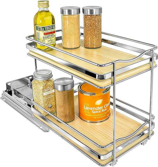 LYNK PROFESSIONAL® Élite™ Pull Out Spice Rack Organizer for Inside Kitchen Cabinets - 6-3/8 inch Wide - Slide Out Drawer – Wood/Chrome Sliding Spice Cabinet Organization Shelf Racks - 2 Tier LYNKPROFESSIONAL