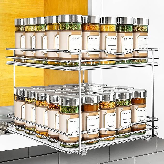 LYNK PROFESSIONAL® Pull Out Spice Rack Organizer for Inside Kitchen Cabinets - 10-3/8 inch Wide - Slide Out Drawer – Chrome Sliding Spice Cabinet Organization Shelf Racks - 2 Tier LYNKPROFESSIONAL