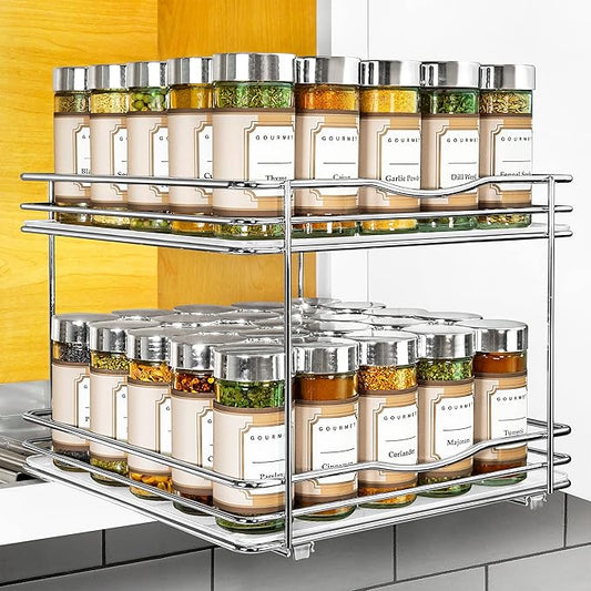 LYNK PROFESSIONAL® Pull Out Spice Rack Organizer for Inside Kitchen Cabinets - 10-3/8 inch Wide - Slide Out Drawer – Chrome Sliding Spice Cabinet Organization Shelf Racks - 2 Tier LYNKPROFESSIONAL