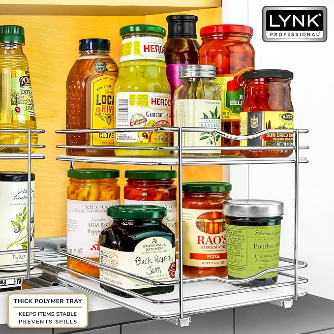LYNK PROFESSIONAL® Pull Out Spice Rack Organizer for Inside Kitchen Cabinets - 8-3/8 inch Wide - Slide Out Drawer – Chrome Sliding Spice Cabinet Organization Shelf Racks - 1 Tier LYNKPROFESSIONAL