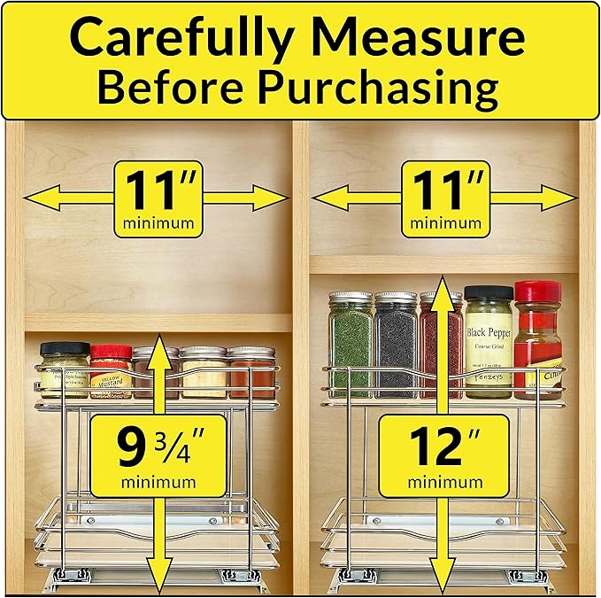LYNK PROFESSIONAL® Pull Out Spice Rack Organizer for Inside Kitchen Cabinets - 10-3/8 inch Wide - Slide Out Drawer – Chrome Sliding Spice Cabinet Organization Shelf Racks - 2 Tier LYNKPROFESSIONAL