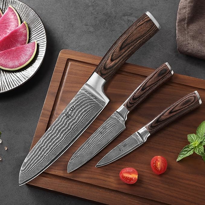 Wakoli EDIB 3-Piece Damascus Kitchen Knife Set in Wooden Gift Box – Sharp Knives Set made of Genuine Damascus Steel (VG10 Core) – Santoku, Small Santoku & Paring Knife – Ergonomic Pakkawood Handles Wakoli