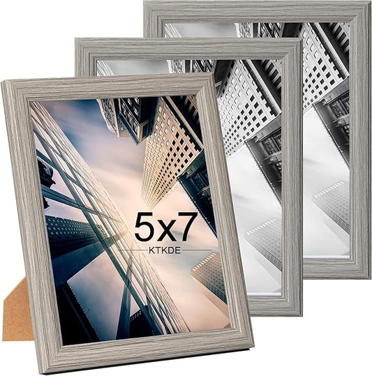 KTKDE 5x7 Picture Frame Set of 3,Grey Wooded Shatter Resistant Glass, Vertical & Horizontal Wall Hanging for Wall or Tapletop Display,Studio Gallery Photo Frame for Photos, Posters & Art Prints KTKDE