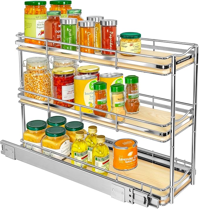 LYNK PROFESSIONAL® Élite™ Pull Out Spice Rack Organizer for Inside Kitchen Cabinets - 6"x21" - Slide Out Drawer – Wood/Chrome Sliding Spice Cabinet Organization Shelf Racks - 3 Tier LYNKPROFESSIONAL