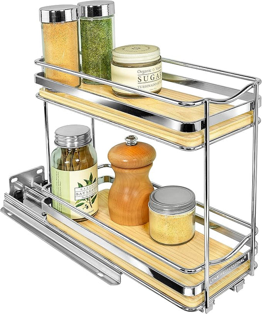 LYNK PROFESSIONAL® Élite™ Pull Out Spice Rack Organizer for Inside Kitchen Cabinets - 4-3/8 inch Wide - Slide Out Drawer – Wood/Chrome Sliding Spice Cabinet Organization Shelf Racks - 2 Tier LYNKPROFESSIONAL