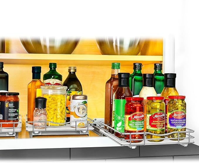 LYNK PROFESSIONAL® Pull Out Spice Rack Organizer for Inside Kitchen Cabinets - 10-3/8 inch Wide - Slide Out Drawer – Chrome Sliding Spice Cabinet Organization Shelf Racks - 1 Tier LYNKPROFESSIONAL