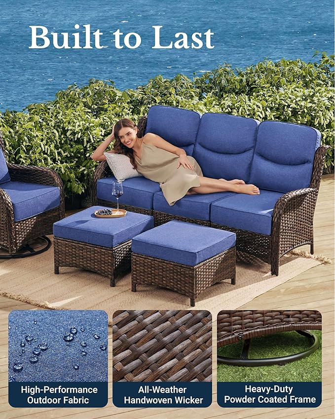 HILLGA Luxury Patio Furniture Set with 6-Inch Thick Cushions, High Back Outdoor Swivel Rocker Chairs Patio Loveseat and Couch, 6-Piece All Weather Conversation Set for Porch Deck Pool Yard, Blue (V3) HILLGA
