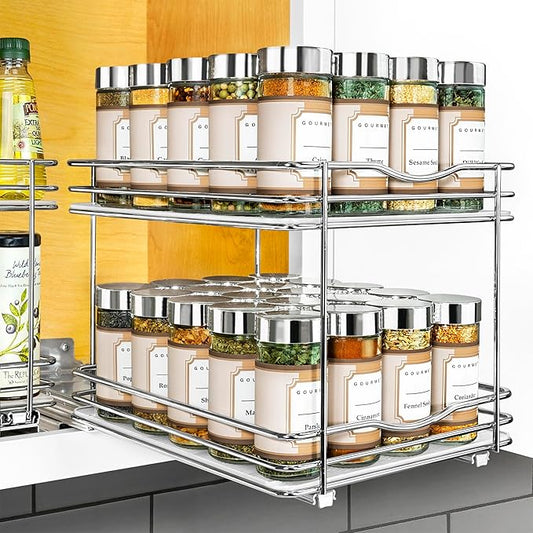 LYNK PROFESSIONAL® Pull Out Spice Rack Organizer for Inside Kitchen Cabinets - 8-3/8 inch Wide - Slide Out Drawer – Chrome Sliding Spice Cabinet Organization Shelf Racks - 2 Tier LYNKPROFESSIONAL