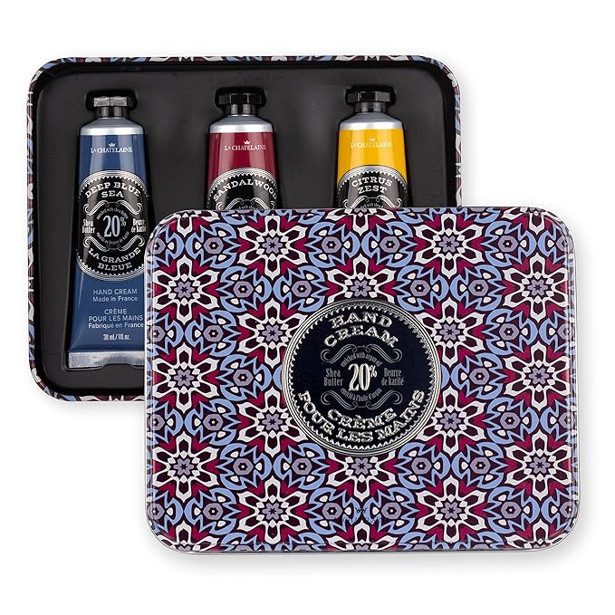 La Chatelaine Hand Cream Gift Set for Men, Ready-To-Gift Travel Size Hand Lotion, Natural Hand Cream Made in France with 20% Organic Shea Butter (Deep Blue Sea, Sandalwood, Citrus Zest) 3 x 1 fl oz LaChatelaine