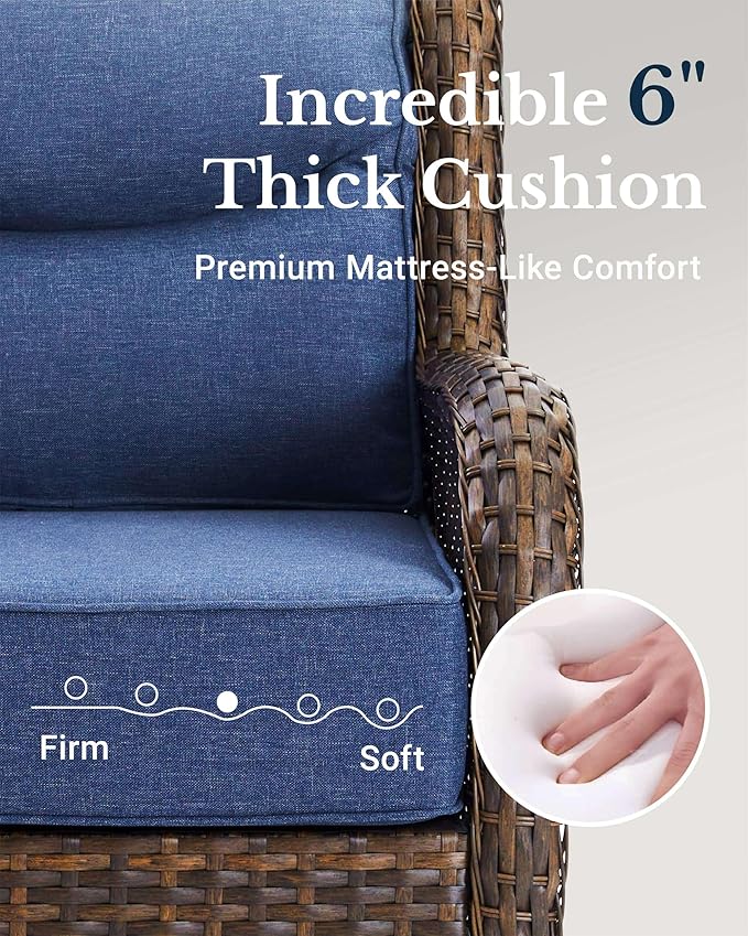 HILLGA Luxury Patio Furniture Set with 6-Inch Thick Cushions, High Back Outdoor Swivel Rocker Chairs Patio Loveseat and Couch, 6-Piece All Weather Conversation Set for Porch Deck Pool Yard, Blue (V3) HILLGA