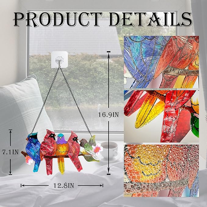 Stained Glass Window Hanging - Large Stained Glass Birds on Branch, Birds Sun Catchers Indoor Window with Chain and Hook Gifts for Bird Lover, Mom, Grandma, Stocking Stuffers for Women DASTOLL