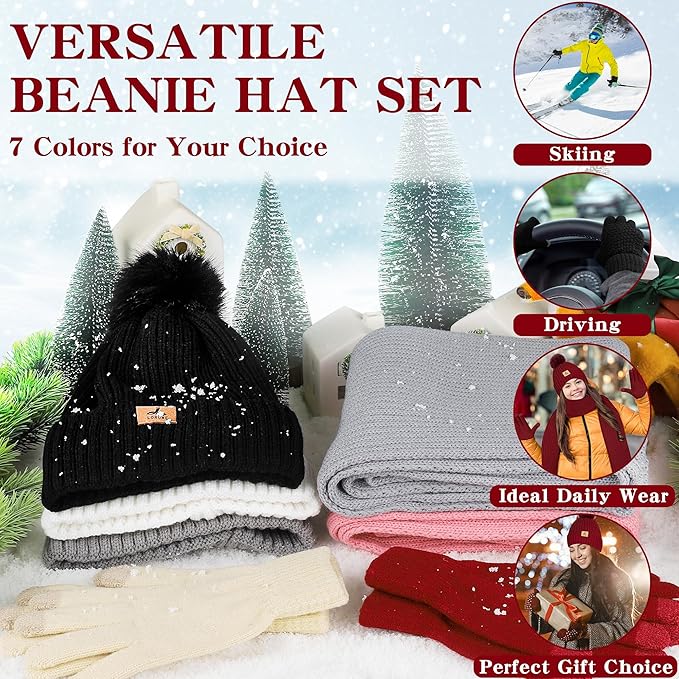 LOROME Women Winter Beanie Hat Scarf Gloves Set, Fleece Knitted Pompom Hat Warm Neck Scarf Touchscreen Gloves Winter Gift LOROME