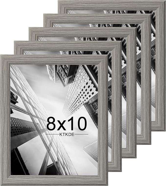 KTKDE 8x10 Picture Frame Set of 5 Grey Wooden Shatter Resistant Glass, Vertical & Horizontal Wall Hanging for Wall or Tapletop Display,Studio Gallery Photo Frame for Photos, Posters & Art Prints KTKDE