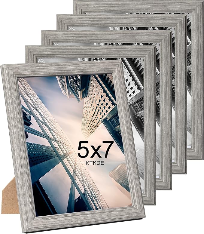 KTKDE 5x7 Picture Frame Set of 5,Grey Wooded Shatter Resistant Glass, Vertical & Horizontal Wall Hanging for Wall or Tapletop Display,Studio Gallery Photo Frame for Photos, Posters & Art Prints KTKDE