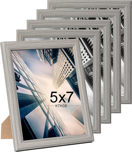 KTKDE 5x7 Picture Frame Set of 5,Grey Wooded Shatter Resistant Glass, Vertical & Horizontal Wall Hanging for Wall or Tapletop Display,Studio Gallery Photo Frame for Photos, Posters & Art Prints KTKDE