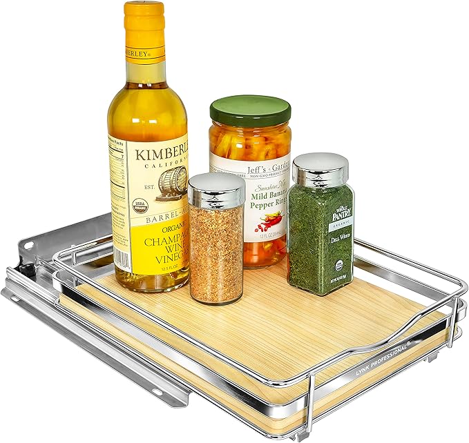 LYNK PROFESSIONAL® Élite™ Pull Out Spice Rack Organizer for Inside Kitchen Cabinets - 8-3/8 inch Wide - Slide Out Drawer – Wood/Chrome Sliding Spice Cabinet Organization Shelf Racks - 1 Tier LYNKPROFESSIONAL