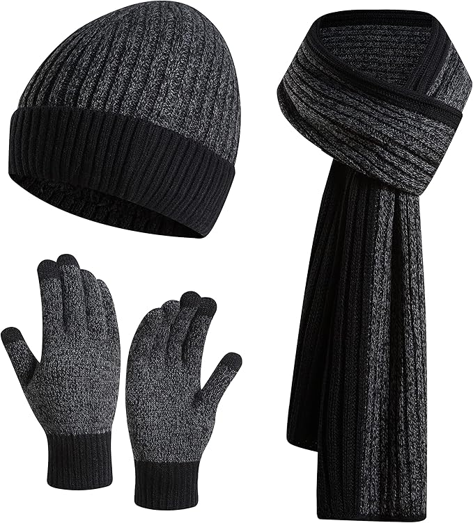 JTJFIT Winter Warm Knit Beanie Hat Long Neck Scarf Touchscreen Gloves Set with Knit Fleece Lined Skull Caps for Men JTJFIT