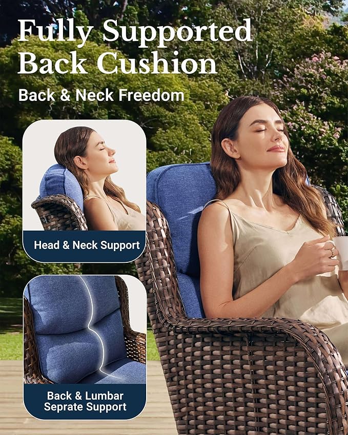 HILLGA Luxury Patio Furniture Set with 6-Inch Thick Cushions, High Back Outdoor Swivel Rocker Chairs Patio Loveseat and Couch, 6-Piece All Weather Conversation Set for Porch Deck Pool Yard, Blue (V3) HILLGA