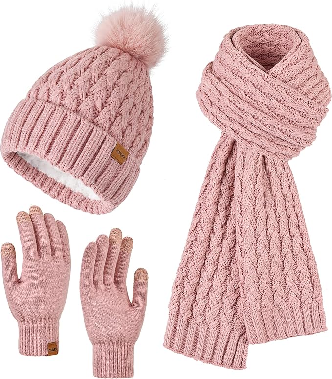 Womens Winter Warm Beanie Hat Long Neck Scarf and Touchscreen Gloves Set with Fleece Lined Pom Skull Caps for Women Harcent