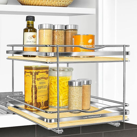 LYNK PROFESSIONAL® Élite™ Pull Out Spice Rack Organizer for Inside Kitchen Cabinets - 10-3/8 inch Wide - Slide Out Drawer – Wood/Chrome Sliding Spice Cabinet Organization Shelf Racks - 2 Tier LYNKPROFESSIONAL