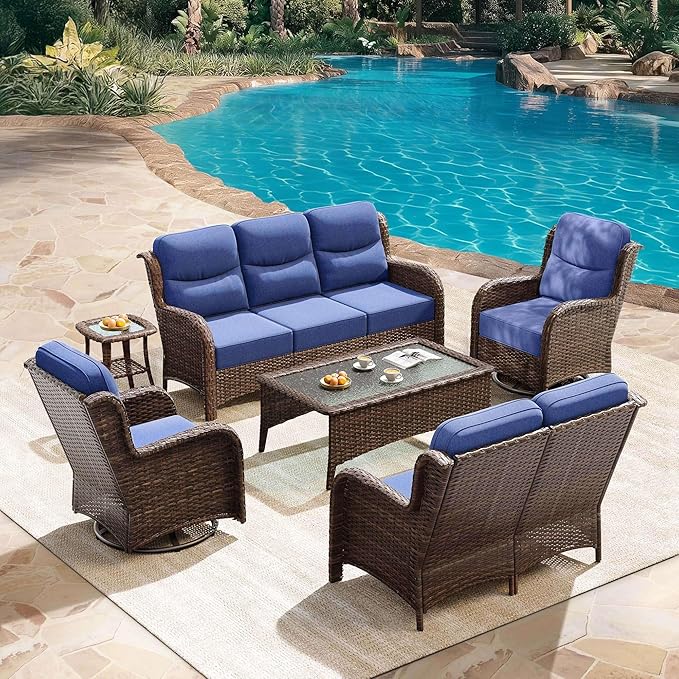 HILLGA Luxury Patio Furniture Set with 6-Inch Thick Cushions, High Back Outdoor Swivel Rocker Chairs Patio Loveseat and Couch, 6-Piece All Weather Conversation Set for Porch Deck Pool Yard, Blue (V3) HILLGA