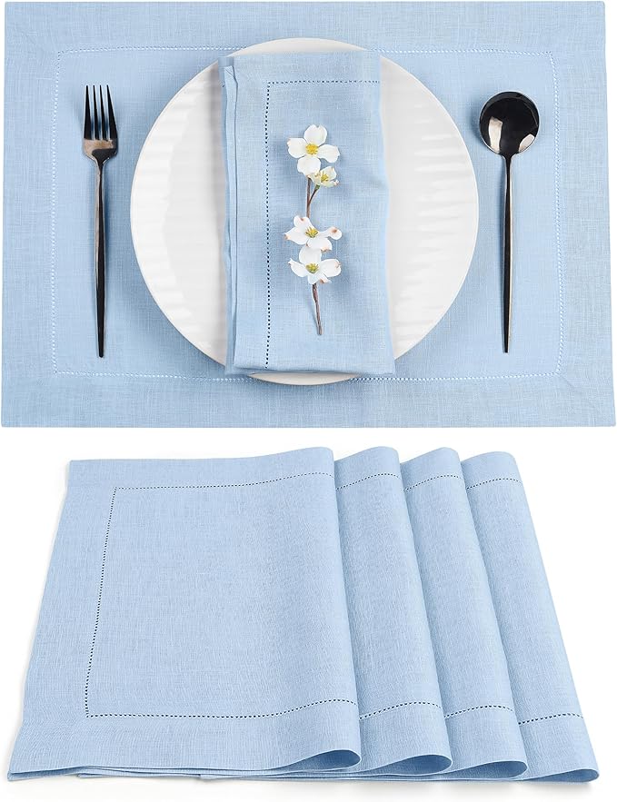 D'Moksha Homes Powder Blue Linen Cloth Placemats Set of 4-100% Pure Linen Hemstitch Placemats 14 x 19 Inch - Classic Hemstitch Table Place Mats for Christmas - Handcrafted and Machine Washable DMokshaHomes