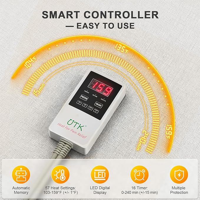 UTK Far Infrared Heating Pad for Back with Red Light Therapy, 8X Pain Relief for Body, Hot to 159℉, FSA-HSA Eligible, Auto Shut Off, 64 Jades & 24 Magnets Stone, Gift for Women Men, 26 x 20'' UTK