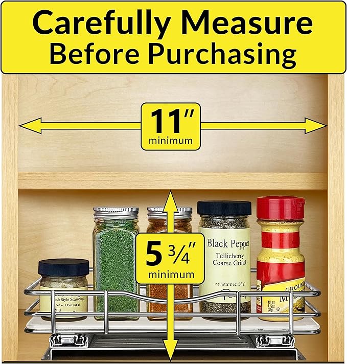 LYNK PROFESSIONAL® Pull Out Spice Rack Organizer for Inside Kitchen Cabinets - 10-3/8 inch Wide - Slide Out Drawer – Chrome Sliding Spice Cabinet Organization Shelf Racks - 1 Tier LYNKPROFESSIONAL