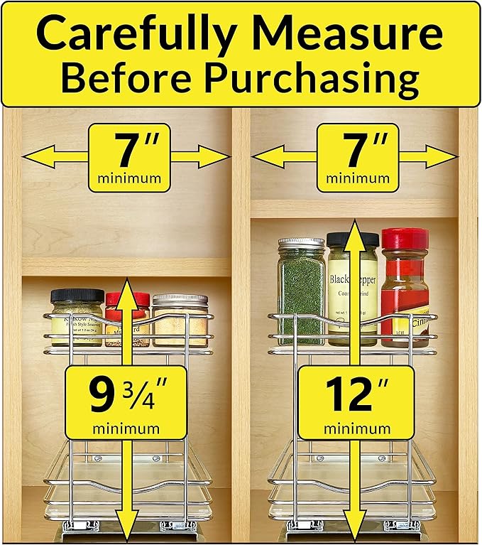 LYNK PROFESSIONAL® Pull Out Spice Rack Organizer for Inside Kitchen Cabinets - 6-3/8 inch Wide - Slide Out Drawer – Chrome Sliding Spice Cabinet Organization Shelf Racks - 2 Tier LYNKPROFESSIONAL