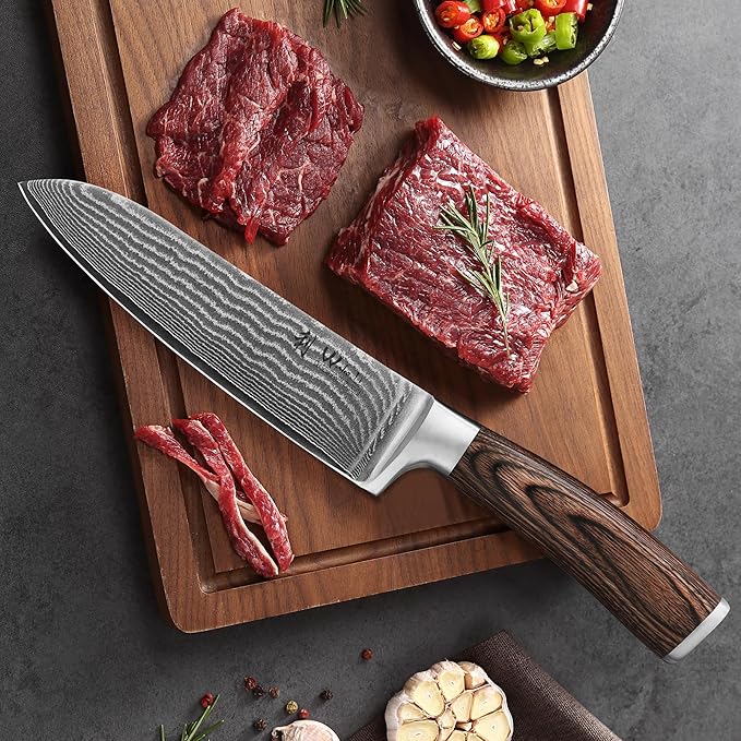 Wakoli EDIB 3-Piece Damascus Kitchen Knife Set in Wooden Gift Box – Sharp Knives Set made of Genuine Damascus Steel (VG10 Core) – Santoku, Small Santoku & Paring Knife – Ergonomic Pakkawood Handles Wakoli