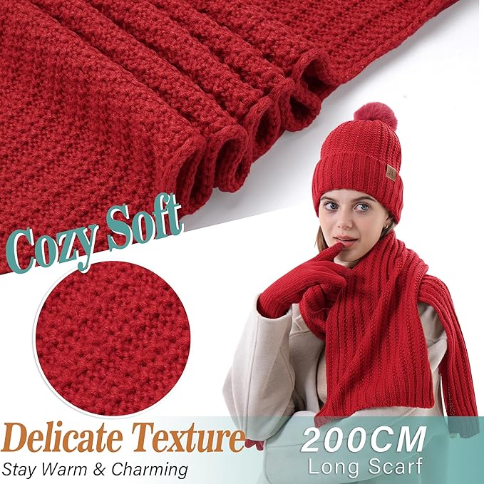 Womens Winter Warm Beanie Hat Long Neck Scarf Touchscreen Gloves Set Knit Skull Caps Pompom Fleece Gifts FZFANTASTICZONE